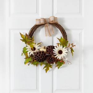 20” Autumn Sunflower, White Pumpkin and Dried Lotus Pod Artificial Fall Wreath with Decorative Bow