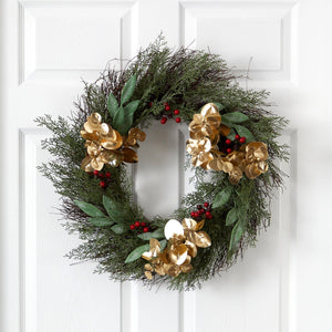 20” Cedar, Ruscus, Berries and Golden Eucalyptus Artificial Wreath