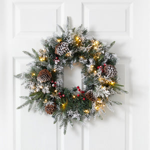 20” Flocked Artificial Christmas Wreath with 35 Warm White LED Lights