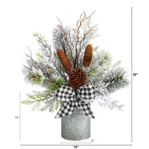 20” Holiday Winter Greenery with Pinecones and Gingham Plaid Bow Table Christmas Arrangement