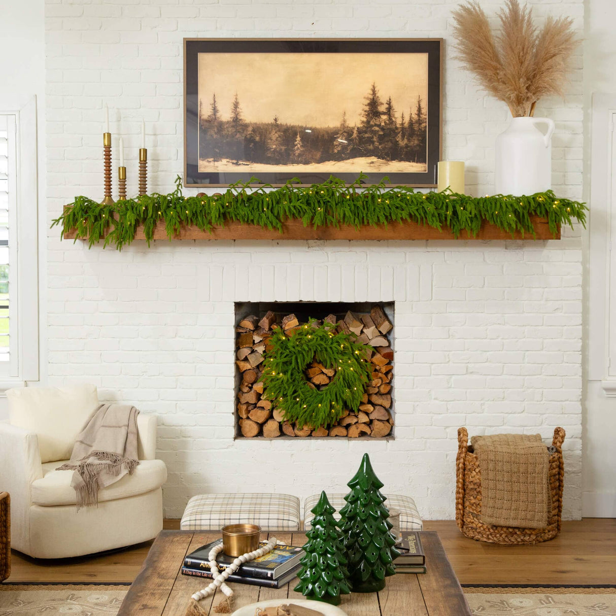 20" Pre-Lit Artificial Real Touch Norfolk Island Pine Wreath with 35 Warm White LED Lights and Natural Look
