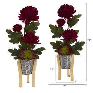 20” Mum and Succulent Artificial Arrangement in Tin Planter with Legs (Set of 2)