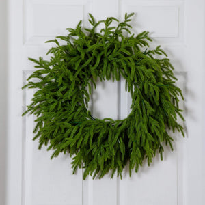 20" Pre-Lit Artificial Real Touch Norfolk Island Pine Wreath with 35 Warm White LED Lights and Natural Look