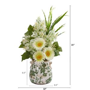 21” Gerber Daisy, Lilac and Grass Artificial Arrangement in Floral Vase