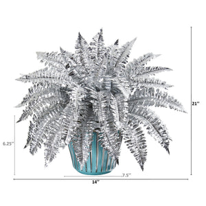 21” Metallic Silver Boston Fern Artificial Plant in Turquoise Planter with Silver Trimming
