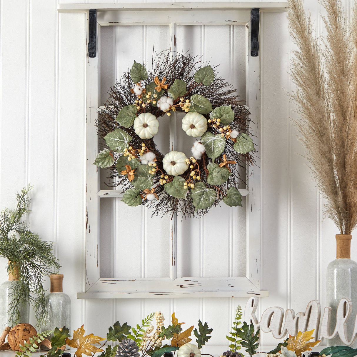 22” Autumn Green Pumpkin, Cotton and Berries Artificial Fall Wreath