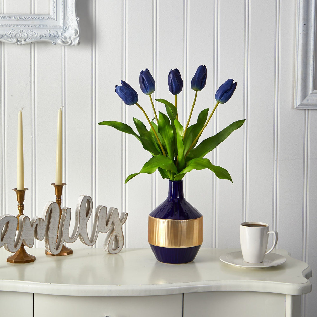 22” Dutch Tulip Artificial Arrangement in Blue and Gold Designer Vase
