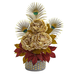 22” Peony and Peacock Feather Artificial Arrangement in Bowl with Gold Trimming