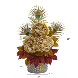 22” Peony and Peacock Feather Artificial Arrangement in Bowl with Gold Trimming