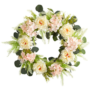 22” Rose and Hydrangea Artificial Wreath