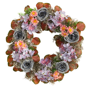 22” Silver Rose and Purple Hydrangea Artificial Wreath