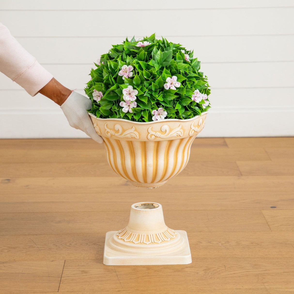 22” UV Resistant Artificial Pink Flowering Ball Topiary in Decorative Urn Planter (Indoor/Outdoor)