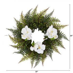 23” Assorted Fern and Phalaenopsis Orchid Artificial Wreath