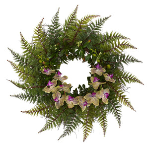 23” Fern and Phalaenopsis Orchid Artificial Wreath