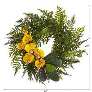23” Mixed Greens and Phalaenopsis Orchid Artificial Wreath