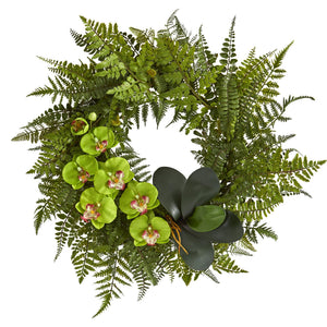 23” Mixed Greens and Phalaenopsis Orchid Artificial Wreath