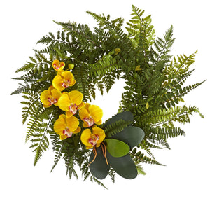 23” Mixed Greens and Phalaenopsis Orchid Artificial Wreath