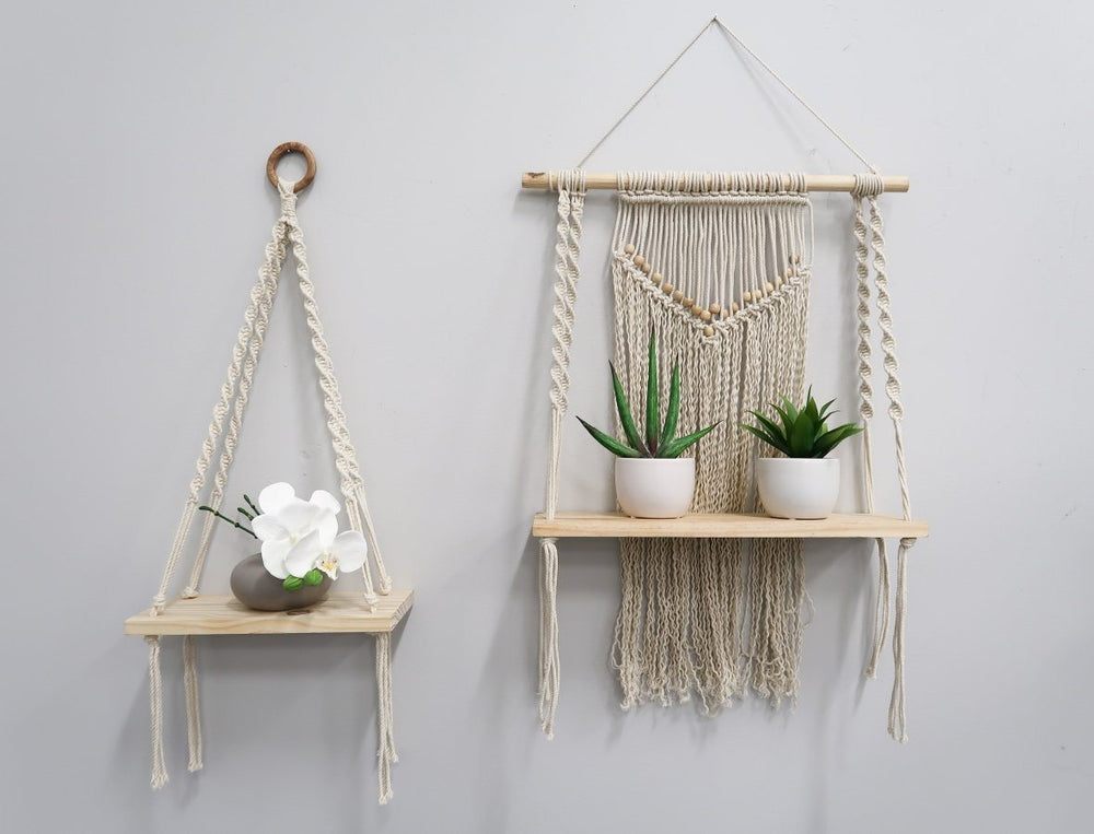 24" Boho Chic Wood Macrame Single Shelf Woven Beads Wall Art Décor"