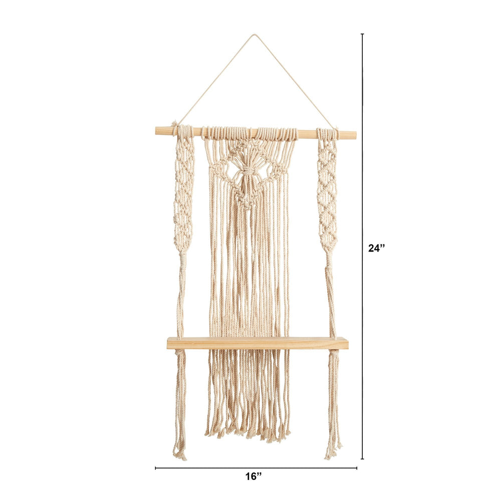 24" Boho Chic Wood Macrame Single Shelf Woven Diamond Wall Art Décor"
