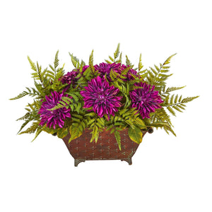 24” Dahlia and Fern Artificial Arrangement in Metal Planter