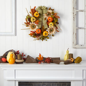 24” Fall Pumpkin, Sunflower Artificial Autumn Wreath with Decorative Ribbon