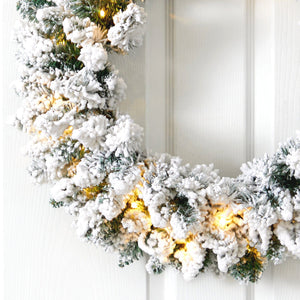 24” Flocked Artificial Christmas Wreath with 160 Bendable Branches and 35 Warm White LED Lights