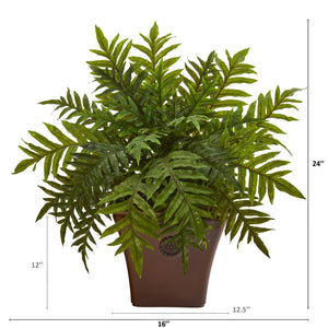 24” Hares Foot Fern Artificial Plant in Brown Planter (Real Touch)