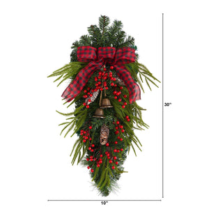 24” Holiday Christmas Pine Cones, Berry and Bells Teardrop