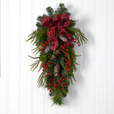 24” Holiday Christmas Pine Cones, Berry and Bells Teardrop