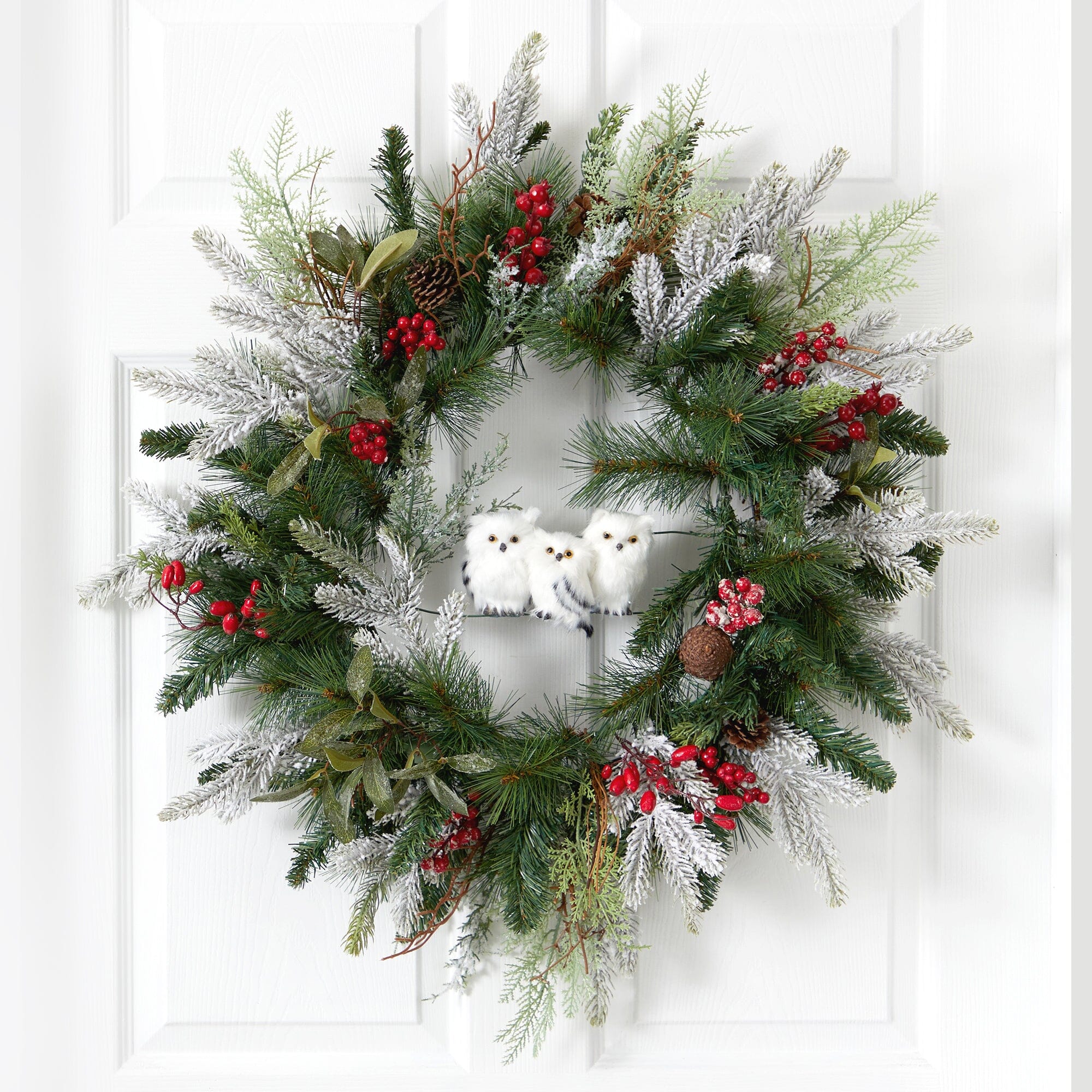 24” Holiday Winter Owl Family Pinecone Berry Christmas Artificial