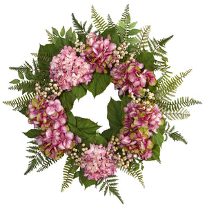 24” Artificial Pink Hydrangea Berry Wreath