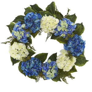 24” Artificial Blue and White Hydrangea Wreath