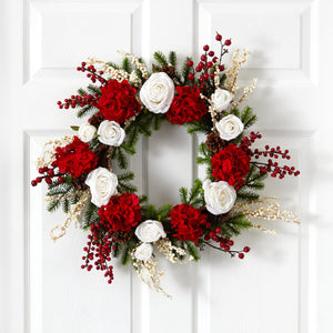 24" Hydrangea w/White Roses Wreath"