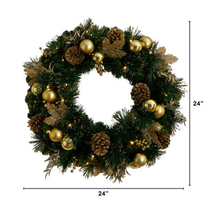 24" Pre-Lit Artificial Golden Frosted Christmas Wreath with 50 Warm White LED Lights Pinecones, Berries and Ornaments