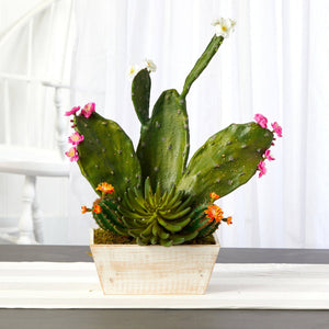 24” Mixed Cactus Succulent Artificial Plant in White Wash Planter