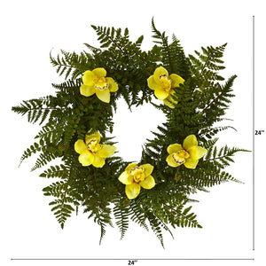 24” Cymbidium Orchid and Mixed Fern Artificial Wreath