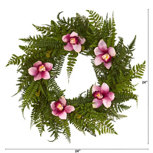 24” Cymbidium Orchid and Mixed Fern Artificial Wreath