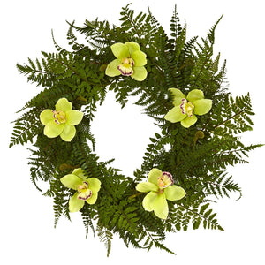 24” Cymbidium Orchid and Mixed Fern Artificial Wreath