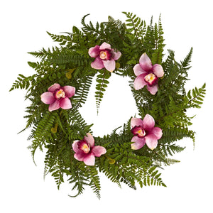 24” Cymbidium Orchid and Mixed Fern Artificial Wreath