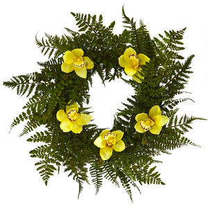 24” Cymbidium Orchid and Mixed Fern Artificial Wreath