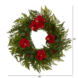 24” Mixed Fern and Hibiscus Artificial Wreath