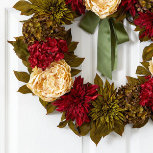 24” Peony, Dahlia and Hydrangea Artificial Wreath