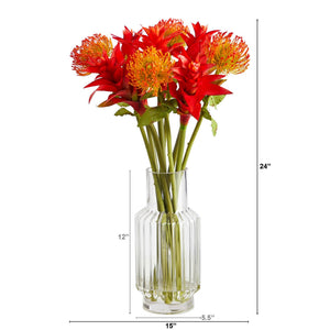 24” Pincushion and Star Bromeliad Artificial Arrangement in Glass Vase