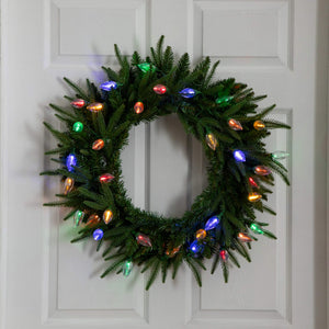 24" Pre-Lit Artificial Luxembourg Pine Christmas Wreath with 35 Multicolored Traditional Bulb LED Lights