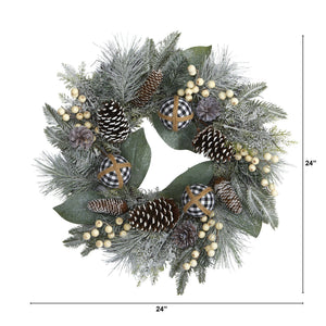 24” Snow Tipped Holiday Artificial Wreath with Berries, Pine Cones and Ornaments