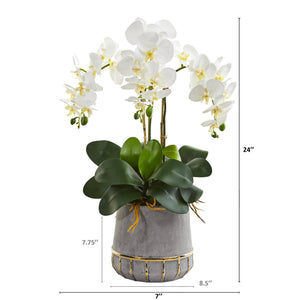 24” Triple Phalaenopsis Orchid Artificial Arrangement in Stoneware Vase with Gold Trimming