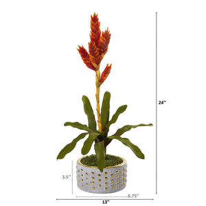 24” Tropical Bromeliad Artificial Plant in Bowl with Gold Trimming