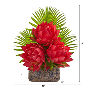 25” Musella and Fan Palm Artificial Arrangement in Vintage Vase