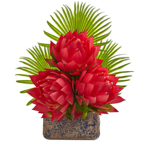 25” Musella and Fan Palm Artificial Arrangement in Vintage Vase