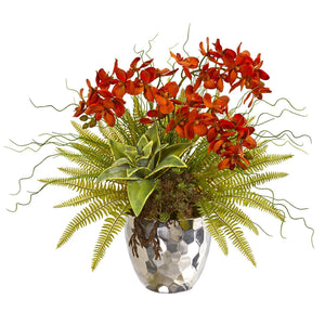 25” Phalaenopsis Orchid, Succulent and Fern Artificial Arrangement in Silver Vase